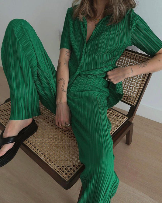 Summer Short Sleeve Loose Pleated Straight Leg Pants Two-piece Set Complex Set Collar Set