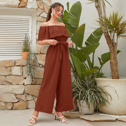 Clothing Summer Off Shoulder Ruffle Sleeve Lace Up Cropped Wide Leg Pants