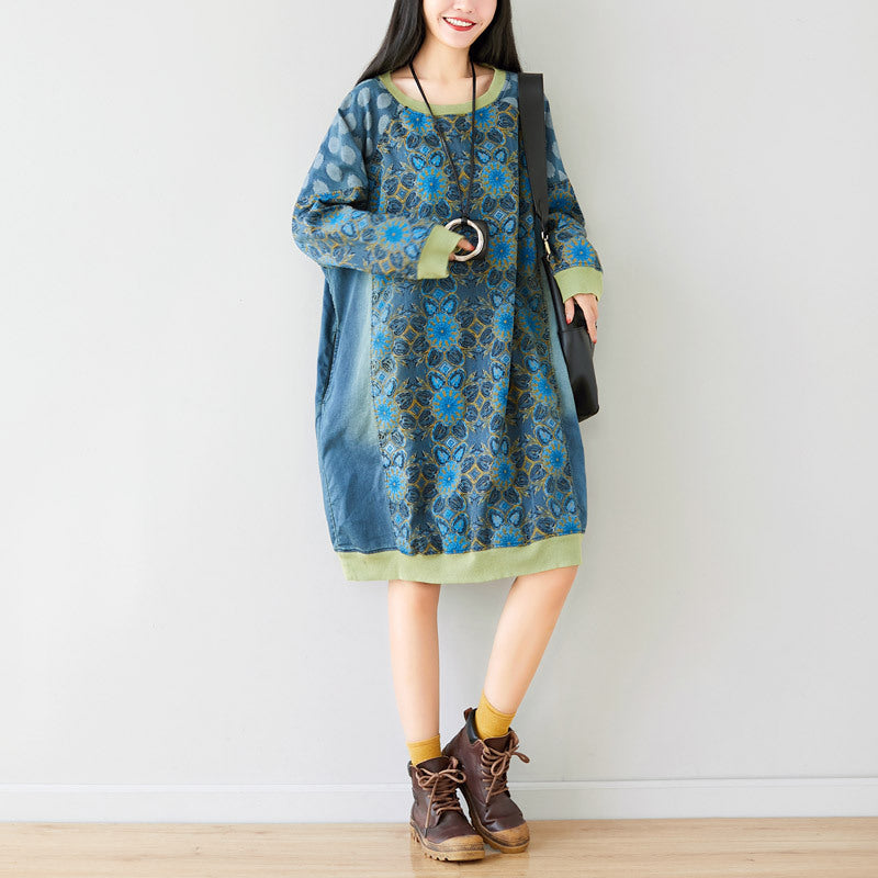 Artistic Stitching Round Neck Sweater Mid Length Drop Shoulder Coat Dress Korean Loose