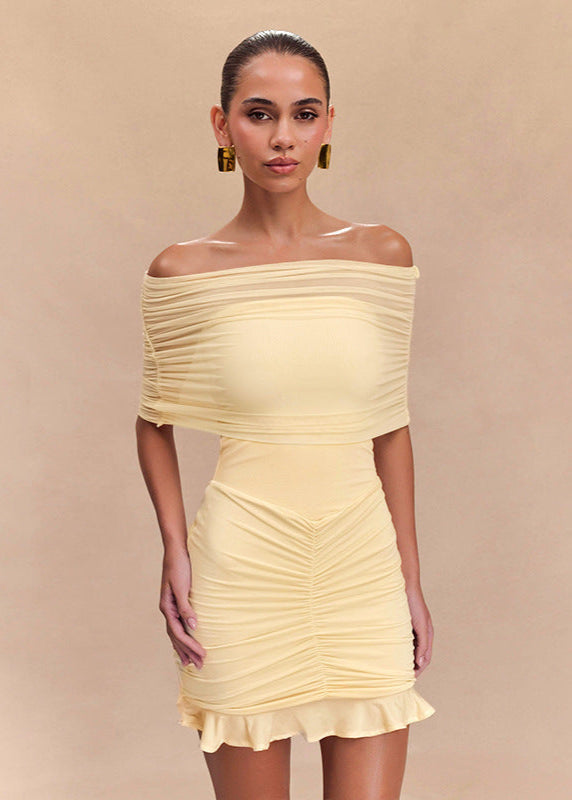 Off-shoulder Mesh Ruched Mini Dress