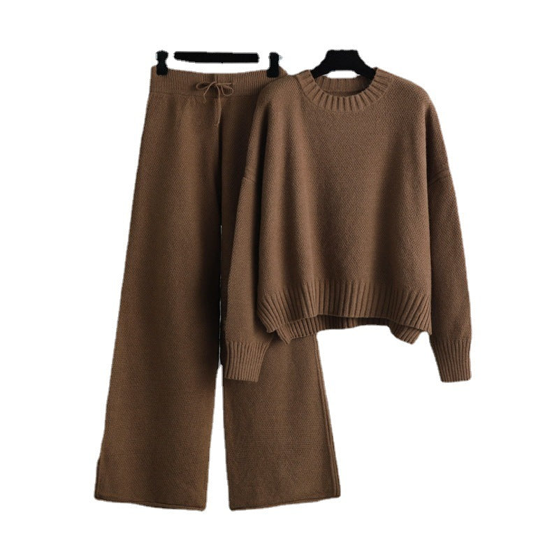 Autumn Winter Knitting Work Pant Korean Loose Sweater Wide Leg Pants Pants Two Piece Set