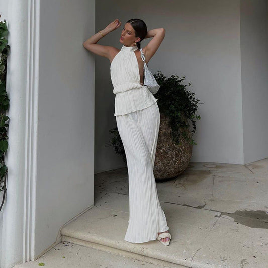 Halter Backless Sleeveless Vest White Pleated High Waist Wide Leg Pants Suit for Textured