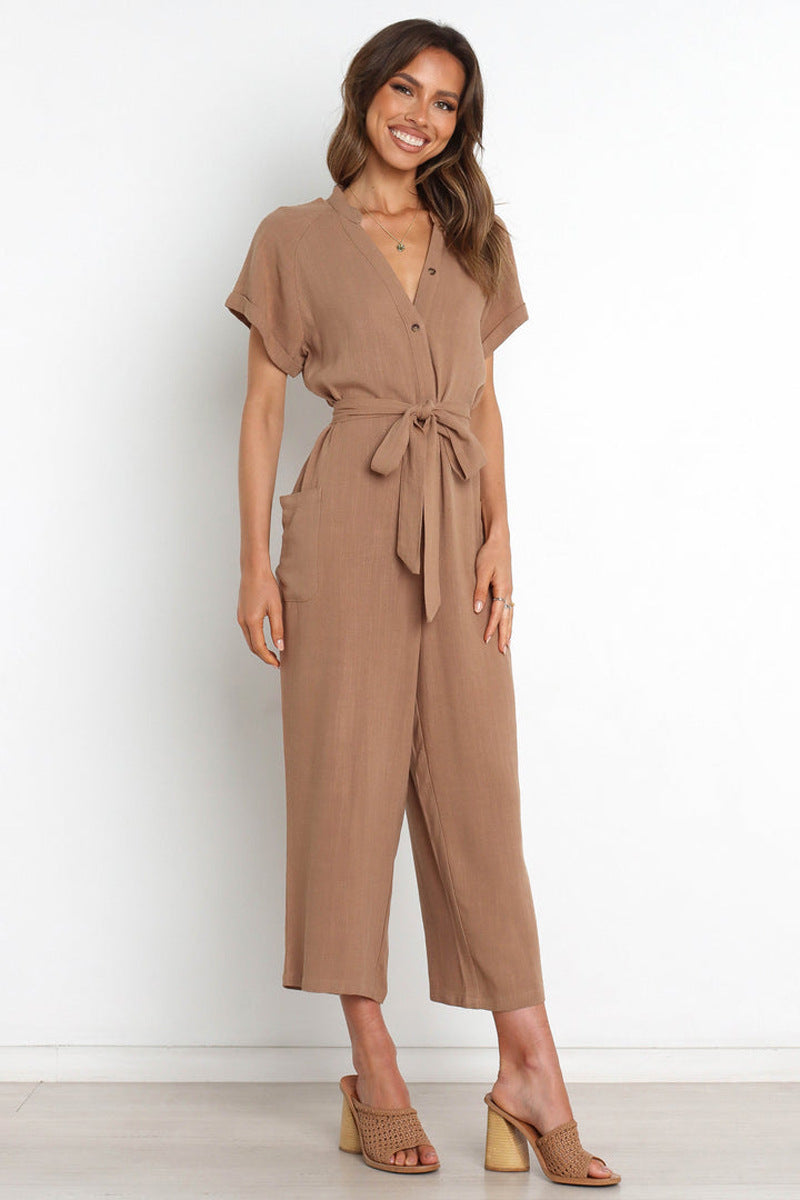 Summer Color Pocket V Neck Cropped Wide Legged Jumpsuit
