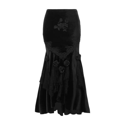 Wannathis Gothic Velvet Ensemble - Off-shoulder Lace Bodysuit With Mermaid Maxi Skirt