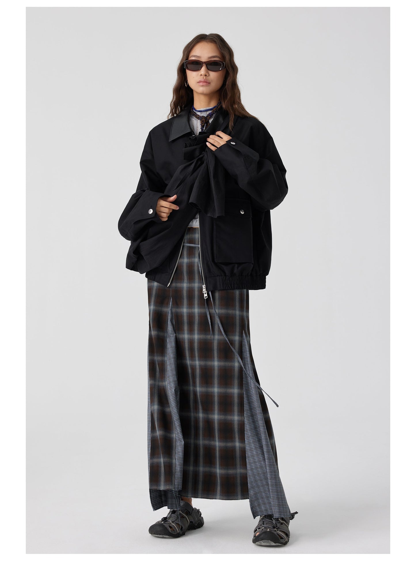 Plaid Asymmetric Panel Mermaid Long Skirt