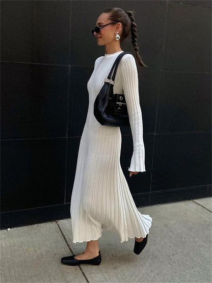 Long Sleeve Round Neck Tight Knitted Dress Autumn Sweater Dress Sunken Stripe Color Base Dress