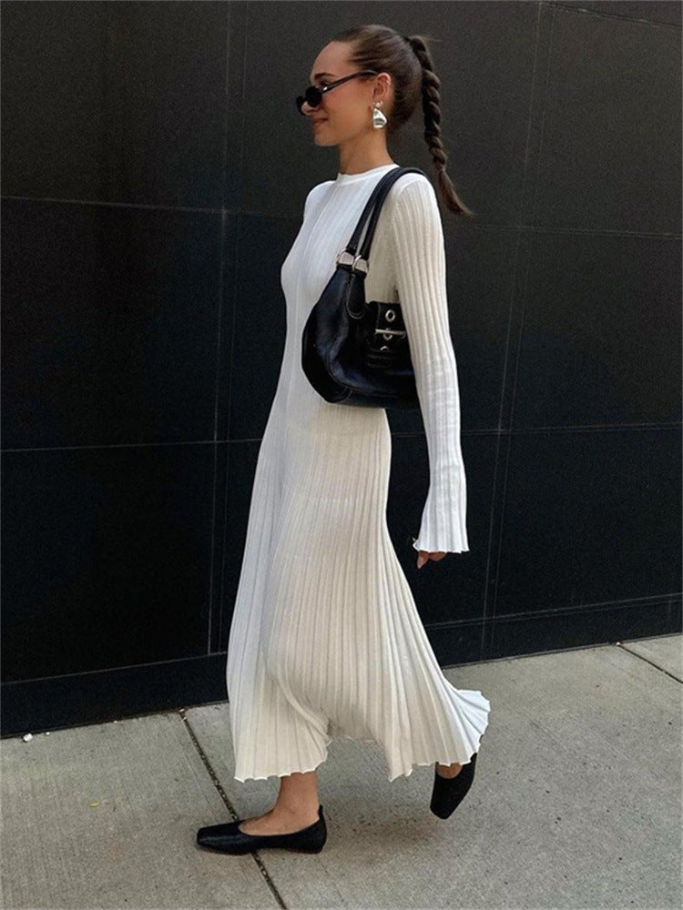 Long Sleeve Round Neck Tight Knitted Dress Autumn Sweater Dress Sunken Stripe Color Base Dress