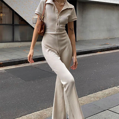 Autumn Winter Clothing Tight Backless Collared Button Jumpsuit Bootcut Pants