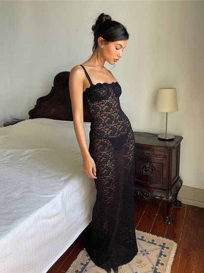 Spaghetti Strap See Through Lace Maxi Dress