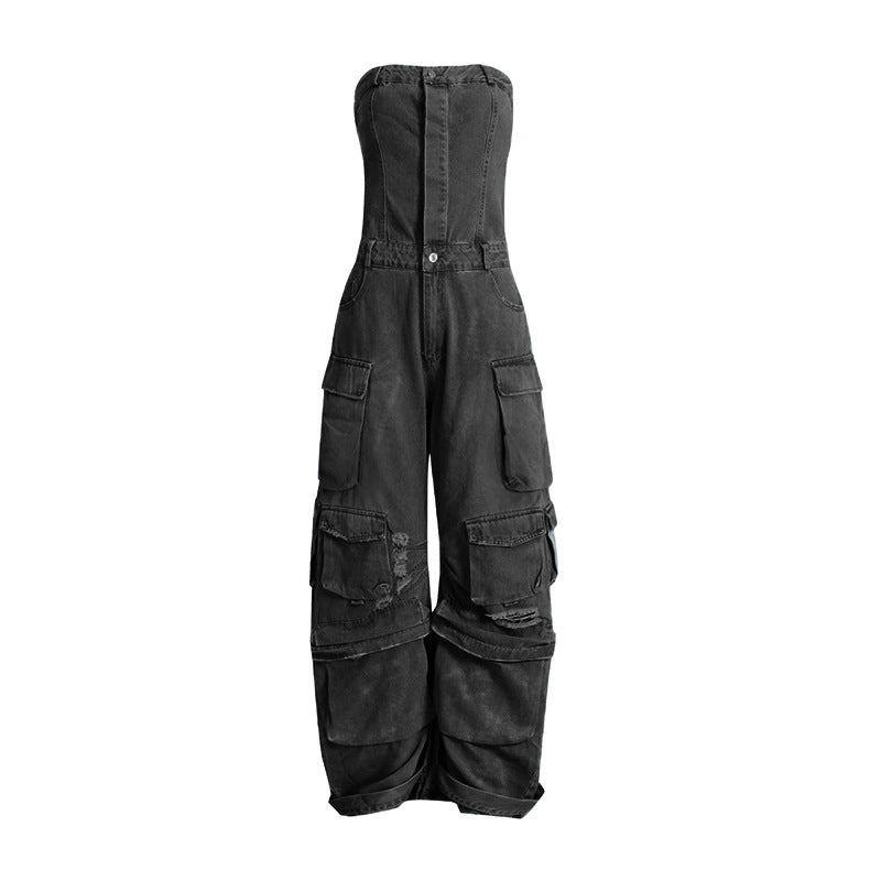 Summer Multi Pocket Ripped Waist Slimming Tube Top Tooling Denim Jumpsuit