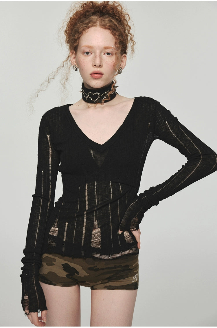 Hollow-out V-neck Thin Cardigan With Distressed Waist Knit Top