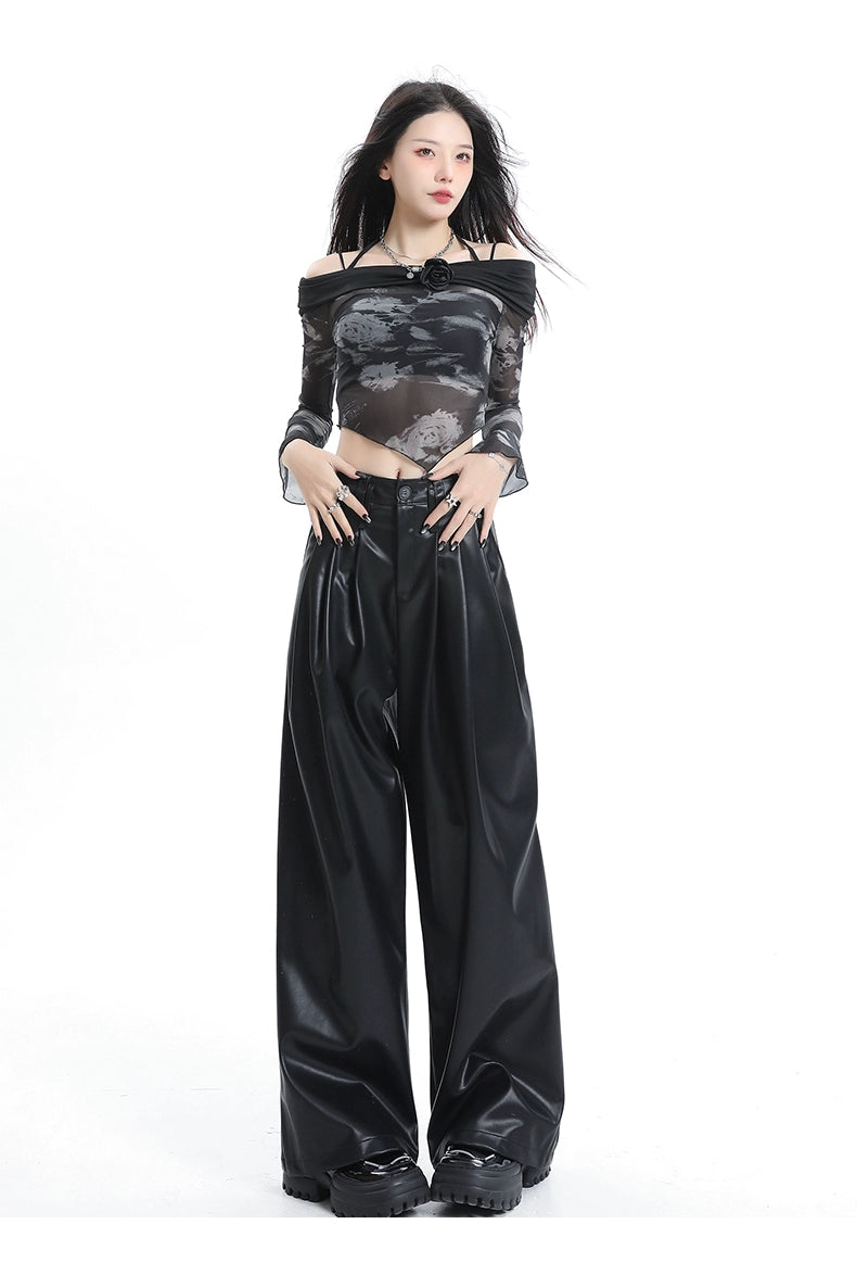 Coffee Wide-leg Pu Leather Pants
