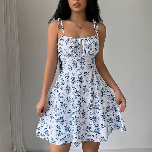 Spring Summer Clothing Popular Strap Dress Waist Square Collar Mini Dress