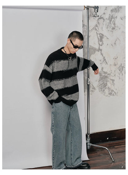 Irregular Wide-striped Oversized Round Neck Sweater