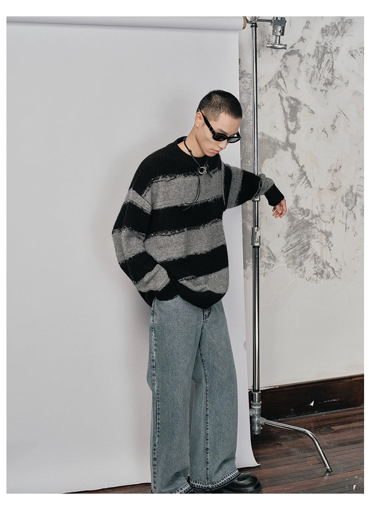 Irregular Wide-striped Oversized Round Neck Sweater