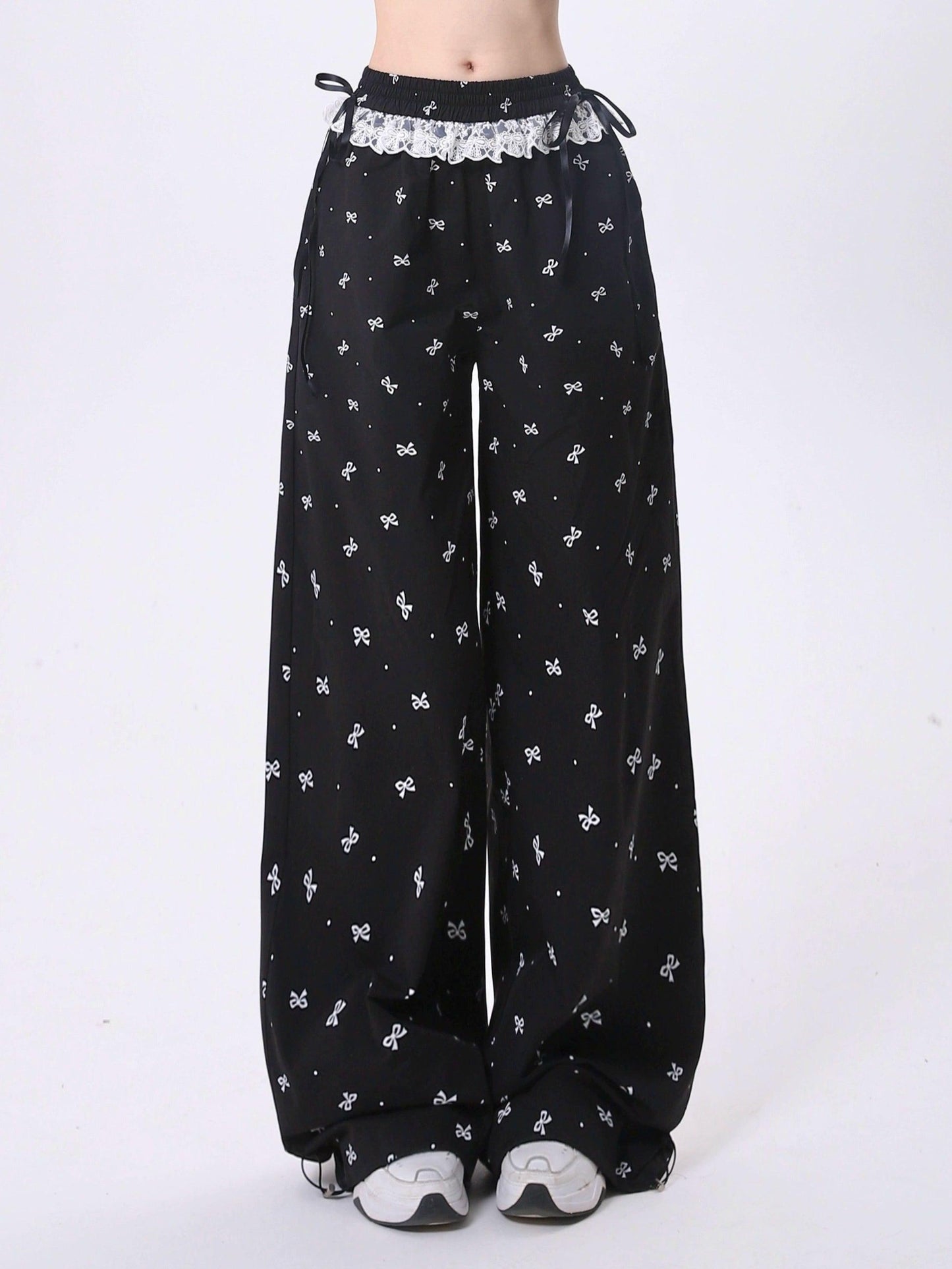 Rayohopp Bow-print Wide-leg Palazzo Pants - Drawstring Waist Lounge Trousers With Lace Trim