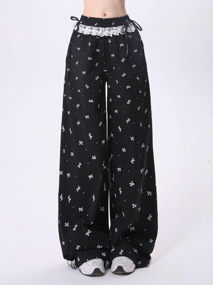 Rayohopp Bow-print Wide-leg Palazzo Pants - Drawstring Waist Lounge Trousers With Lace Trim