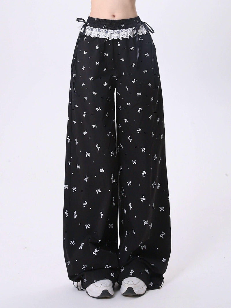 Rayohopp Bow-print Wide-leg Palazzo Pants - Drawstring Waist Lounge Trousers With Lace Trim