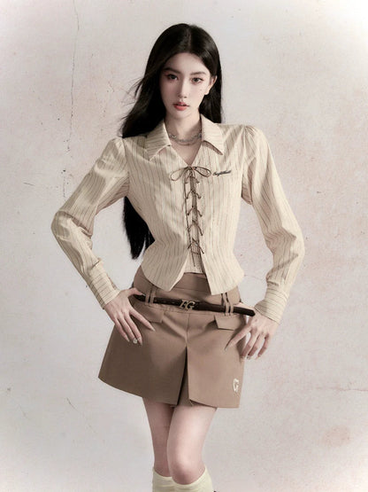 Fragile Heart Preppy Ensemble: Olive Mini Skort, Cream Lace-up Blouse, and Tailored Khaki Blazer Set
