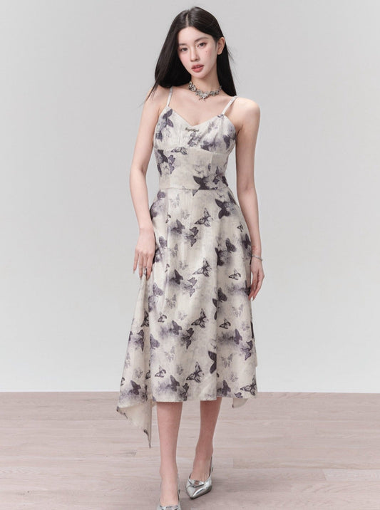 Butterfly Print Spaghetti Strap Dress With Ruffle Hem