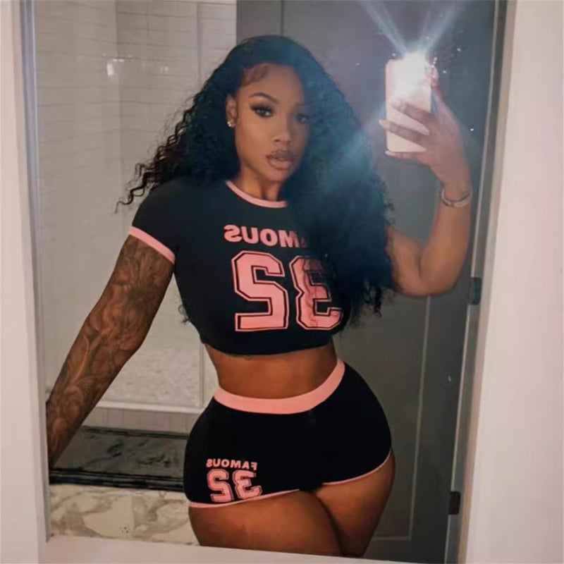 Summer Popular Sports Elastic Letter Graphic Printed Street T Shirt Shorts Set
