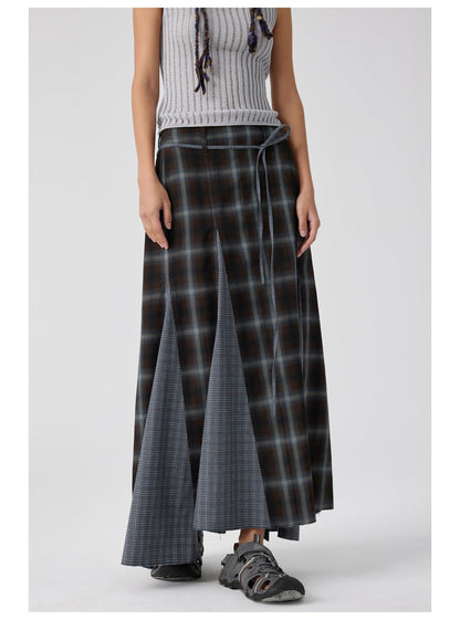 Plaid Asymmetric Panel Mermaid Long Skirt