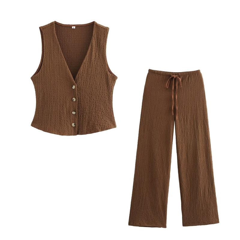 Texture Single Breasted Vest Jacket High Waist Straight Leg Pants Two Piece Sets
