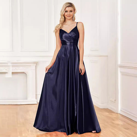 Sling Silk Dress Backless Blue Maxi Dress Bridesmaid Evening Dress