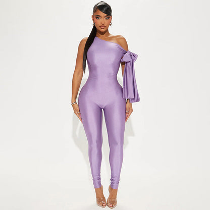 Clothing Summer One Shoulder Twisted Asymmetric Tight Jumpsuit