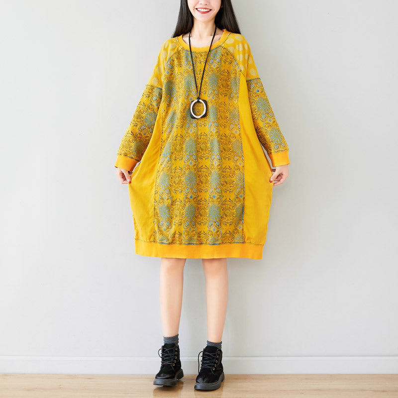Artistic Stitching Round Neck Sweater Mid Length Drop Shoulder Coat Dress Korean Loose