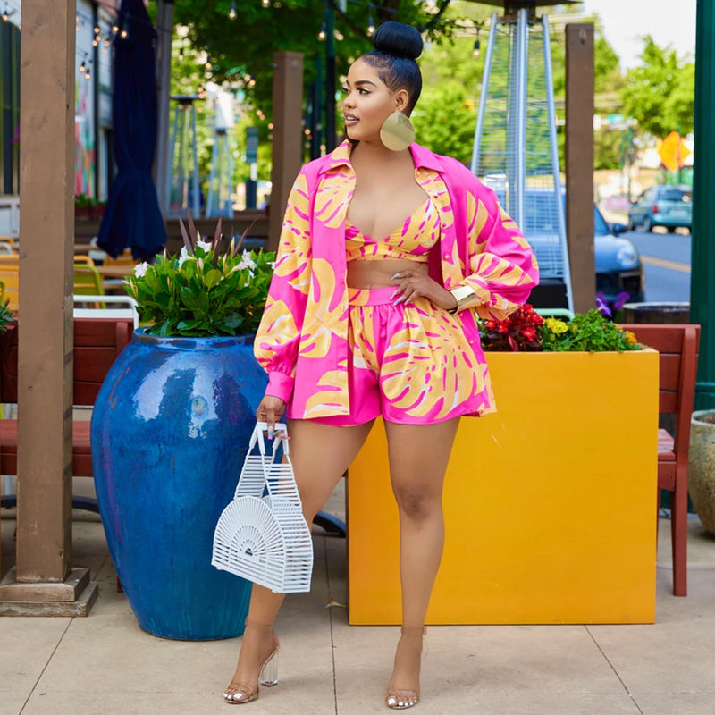 Summer Clothing Digital Printed Shirt Shorts Three Piece Set