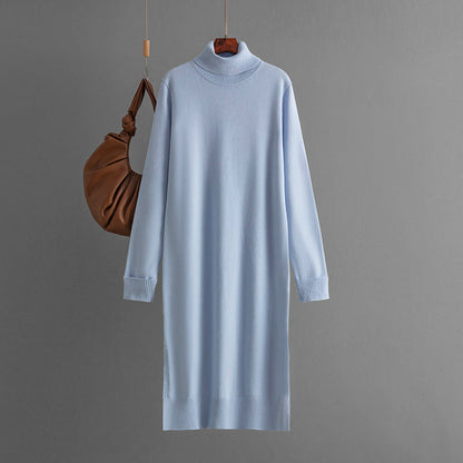 Clothing Autumn Winter Color Turtleneck Knitting Sweater Slit Bottoming Dress