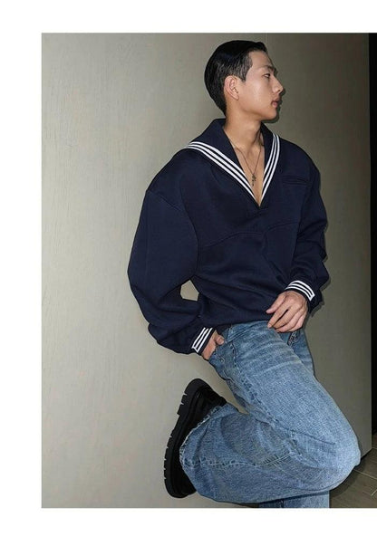 Weave Studio Navy Blue Sailor Collar Sweatshirt - Oversized Nautical V-neck Pullover