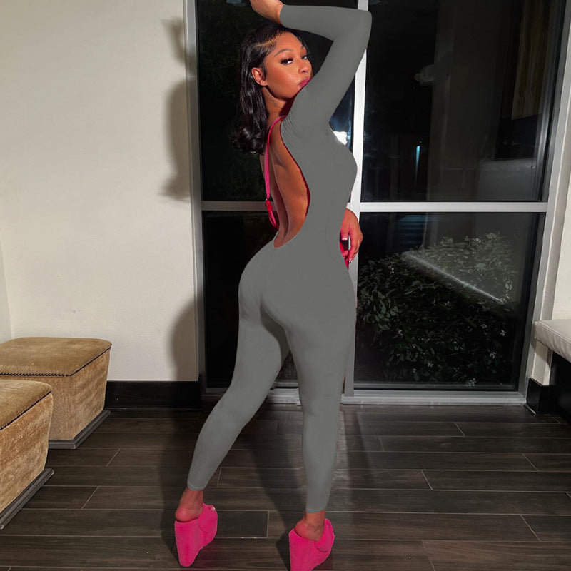 Backless Color Long Sleeve Jumpsuit Fall Slim Fit Sports Bottoming Clothing
