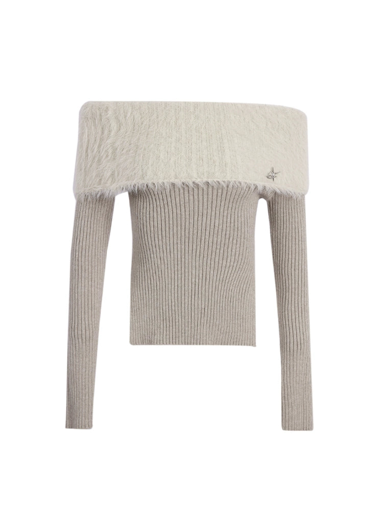 Thick Off-shoulder Mink Cashmere Knit Sweater