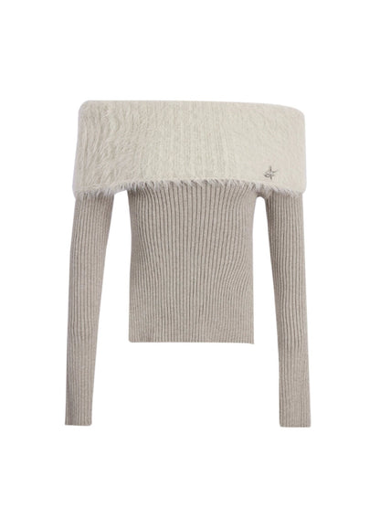 Thick Off-shoulder Mink Cashmere Knit Sweater