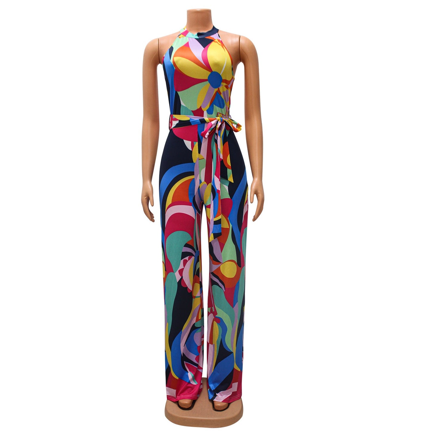 Summer Clothing Printed Sleeveless Lace Up Jumpsuit Trousers for
