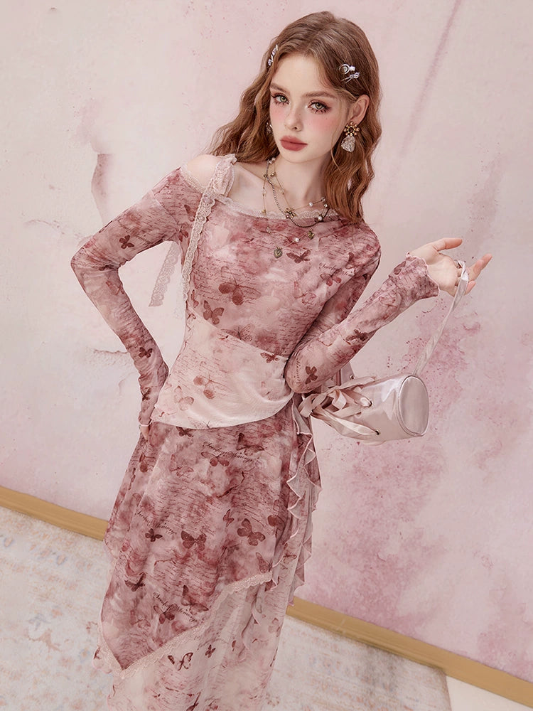 Pink Long Sleeve Midi Dress
