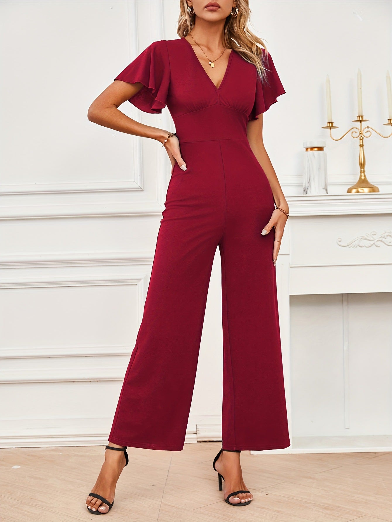 Ruffled Flying Sleeves Sleeveless Straight Leg Pants Stretch Knitted Wide Leg Jumpsuit High Grade Clothing