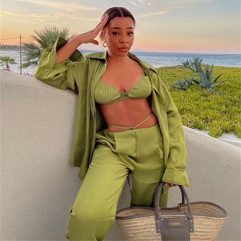 Wear Spring Summer Vacation Three Piece Suit Satin Shirt Vest Straight Leg Pants Suit