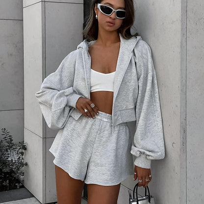 Fall Hooded Long Sleeve High Waist Loose Shorts Two Piece Set All Matching Sports Gray