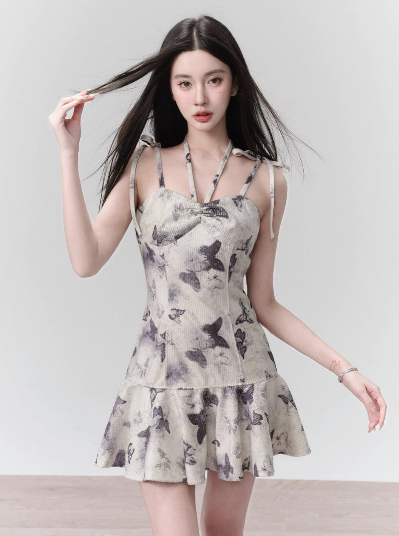 Butterfly Print Spaghetti Strap Dress With Ruffle Hem