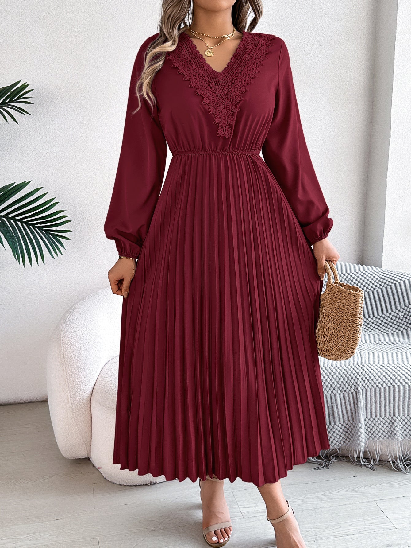Spring Summer V Neck Lace Cinched Pleated Maxi Dress Clothing