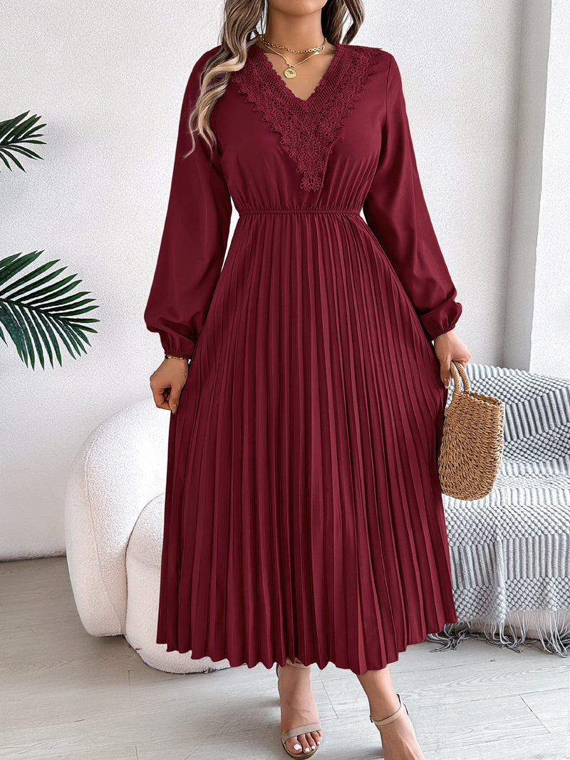 Spring Summer V Neck Lace Cinched Pleated Maxi Dress Clothing