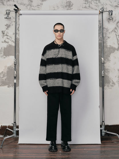 Irregular Wide-striped Oversized Round Neck Sweater