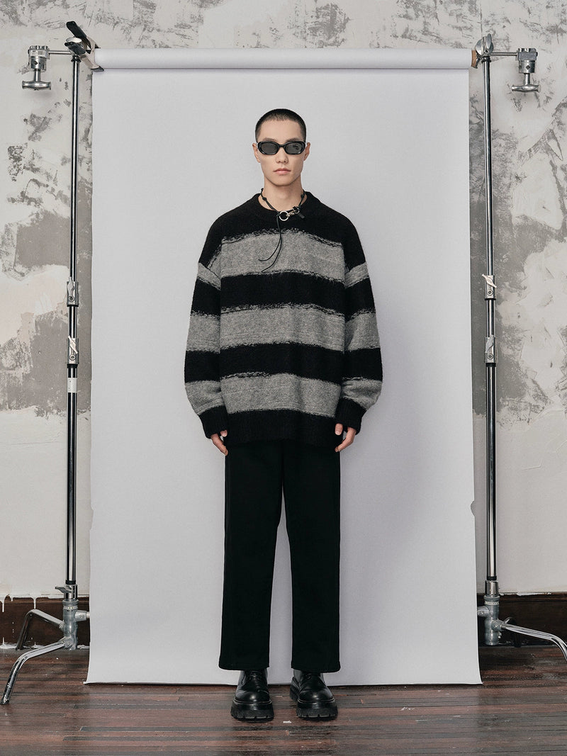 Irregular Wide-striped Oversized Round Neck Sweater