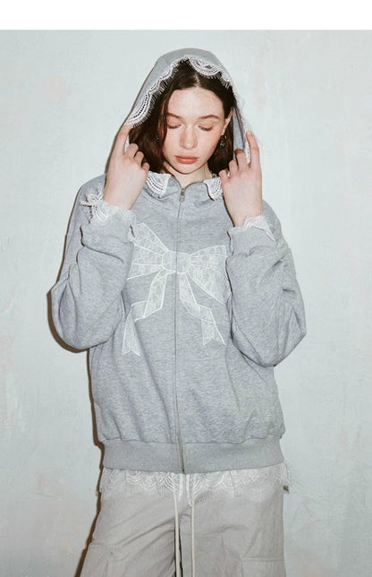 Diddi Moda Bow Print Hoodie - Gray Zip-up Sweatshirt With Lace Trim and Graphic Design