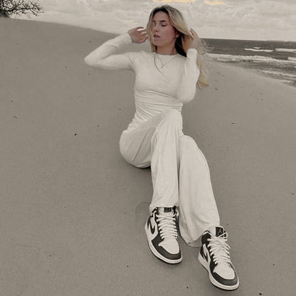 Autumn Color Round Neck Long Sleeve Basic Wide Leg Pants Set