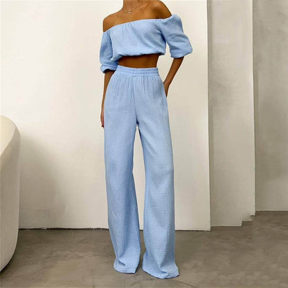 Two Piece Summer Pure Cotton Champray Color Off Neck Short Sleeved Top High Waist Wide Leg Pants Suit