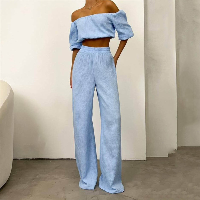 Two Piece Summer Pure Cotton Champray Color Off Neck Short Sleeved Top High Waist Wide Leg Pants Suit